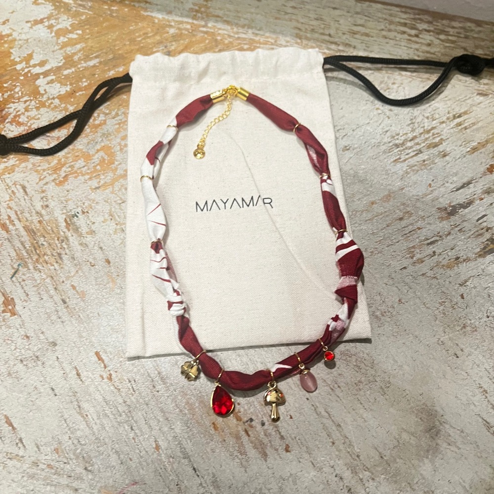 Mayamar Burgundy Bandana Cord Charm Necklace Mushroom Clover Crystal Gold‎ Tone